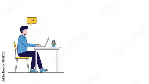 Focused man working on his laptop at a tidy desk with a yellow thought bubble representing communication and creativity.