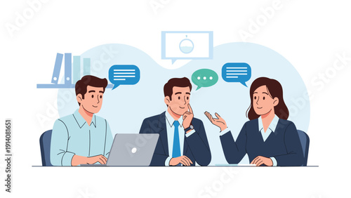 Diverse team of professionals engaged in a collaborative discussion with speech bubbles and a laptop in a modern office.