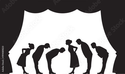 Silhouettes of people bowing on stage with white curtain background