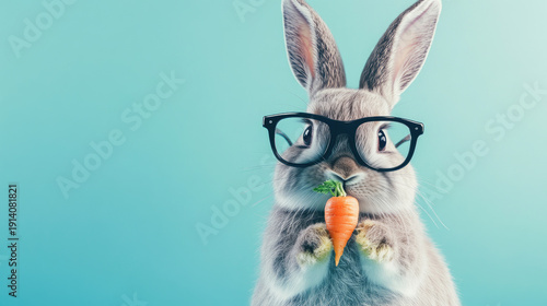 An adorable bunny with glasses munching on a fresh carrot, against a light blue backdrop. A playful scene of intellectual animal. AI Generative