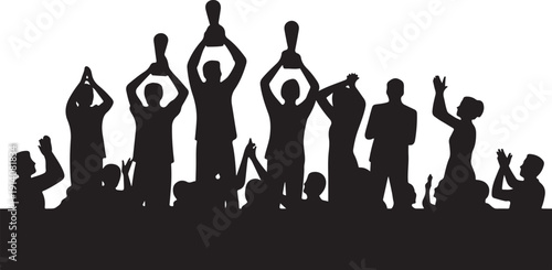 Silhouettes of people celebrating with raised arms and hands