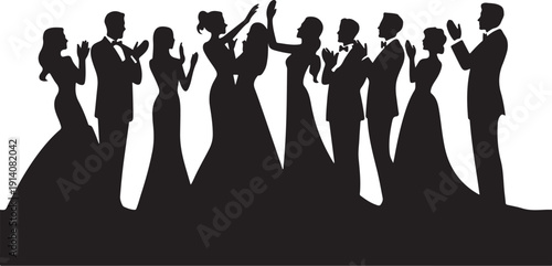 Silhouettes of people dancing and clapping at a formal event