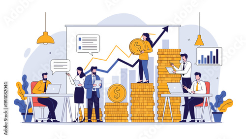 Productive team working together among large stacks of gold coins and data charts representing financial success and growth.