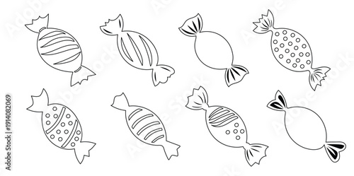 Set of black outlines of wrapped candies. Black and white sketch of assorted sweets in a row. Concept of sweet treats, candy illustration, dessert design, children s snacks. Fun and playful line art
