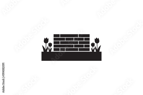 Black silhouette of a brick wall with tulips in flowerbed, isolated on white background, garden decoration element