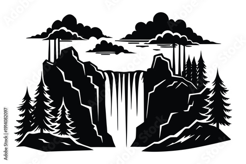  Waterfall Cliff Silhouette with Forest and Mist