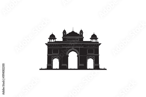 Detailed black silhouette of a historic Indian landmark with domed towers and large archways on a white background