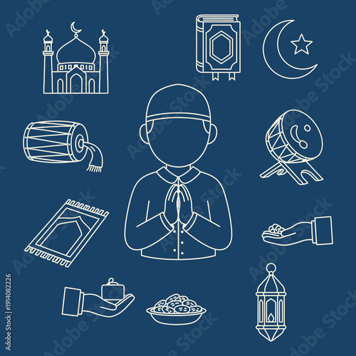 Ramadan Islamic symbols and icons set.