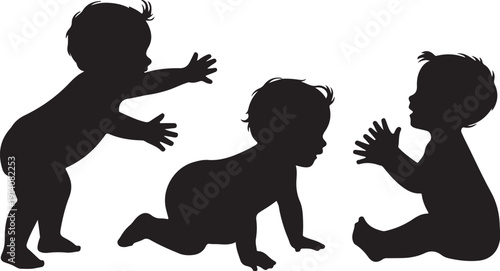 Three black silhouette children crawling and playing