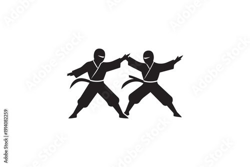 Two ninjas in silhouette, dressed in traditional attire, in a striking pose, ready for training or battle, martial arts masters isolated on white