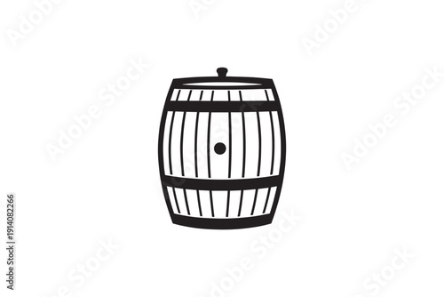 Wooden barrel icon with central bung hole, simple black silhouette representing storage, fermentation, or beverage, isolated graphic element