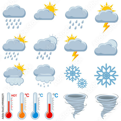 Weather forecast icons set with various conditions and temperatures.