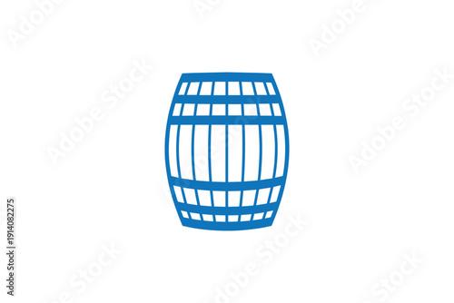 A detailed blue outline drawing of a barrel or cask on a plain white background, symbolizing storage, industry, and tradition