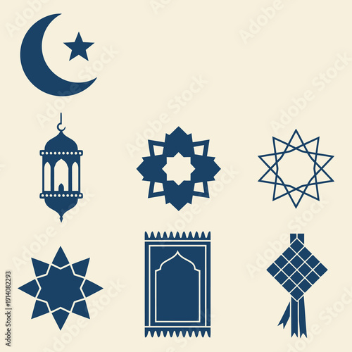 Islamic symbols and motifs collection in blue.