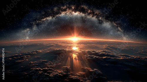 Sunrise over Earth horizon with star field and cosmic arc, space exploration background symbolizing hope and new beginnings.