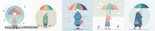 Vector Illustration of a Elderly Woman Holding an Umbrella in the Rain