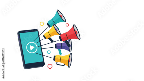 Conceptual illustration of a smartphone with several colorful megaphones broadcasting messages for digital marketing.
