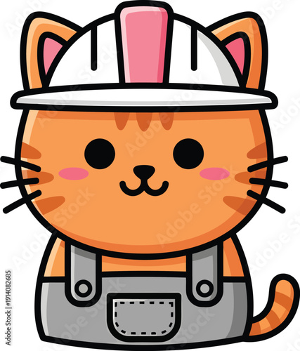 Cute orange cat wearing a hard hat and overalls as a construction worker kitten animal