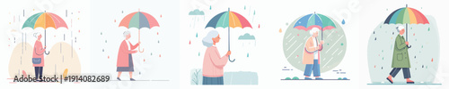 Vector Illustration of a Elderly Woman Holding an Umbrella in the Rain