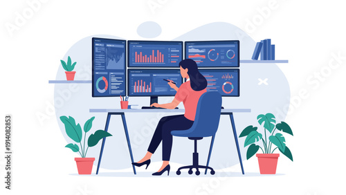 Professional analyst focused on her work using a multi-monitor desktop setup displaying complex data charts and graphs.