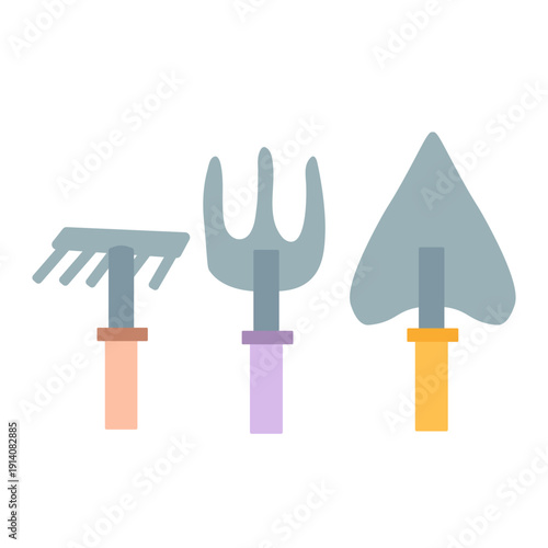 Flat vector illustration of small garden hand tools. Gardening and planting concept. Isolated on white background.