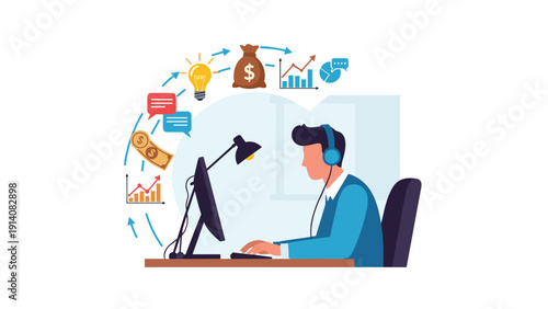Focused professional man working at his computer with a symbolic arc of icons representing money, ideas, and growth.