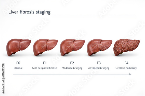 Photorealistic 3D medical infographic with readable English text titled “Stages of liver disease”. A clean left-to-right progression of five realistic human liver 3D models arranged on one baseline