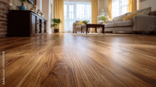 Close up of elegant wooden floor planks in a modern living room with blurred furniture and natural sunlight