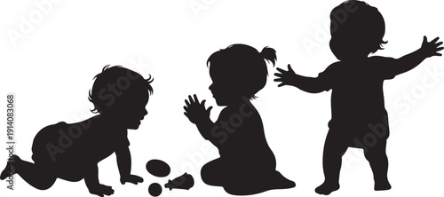 Three Children Silhouettes Crawling and Standing black