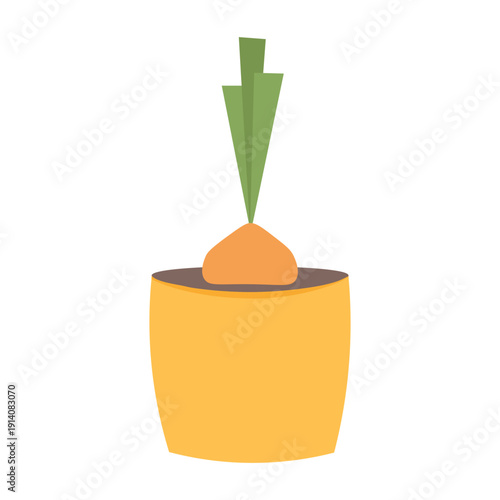 Cute flat vector illustration of a carrot growing in a pot. Home gardening and organic food concept. Isolated on white background.