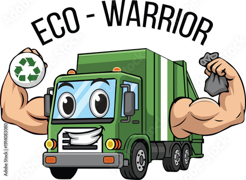 Eco-Warrior Garbage Truck Vector, Cartoon Recycling and Waste Management Illustration