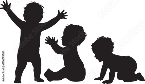 Three Children Silhouettes in Different Poses black silhouettes