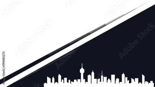 Minimalist black and white graphic design featuring a modern city skyline and abstract diagonal background stripes.