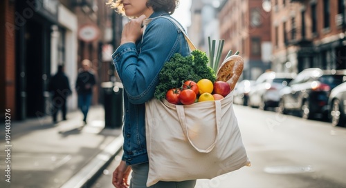 Wallpaper Mural Carrying reusable grocery bag in urban environment Torontodigital.ca