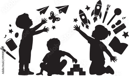 Three children silhouettes playing with toys and paper crafts