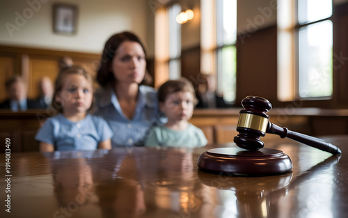 A woman and two young children attend a court session with a wooden gavel placed on the desk in a solemn judicial environment.