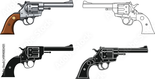 Vintage revolver handgun illustration set showing colored, outline, silhouette, and line art styles for western firearm design vector collection