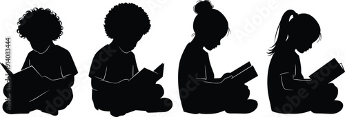 Children reading book silhouettes isolated on white background, kids learning education literacy concept illustration collection set