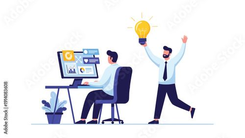 Dedicated professional working at his computer while a colleague excitedly brings a bright lightbulb representing a new idea.