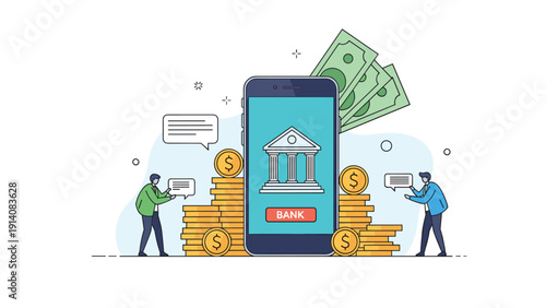 Financial experts working around an oversized smartphone featuring a bank icon and stacks of gold coins and bills.