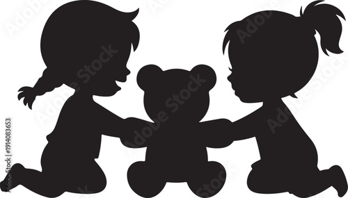 Two children and teddy bear silhouette sharing a hug