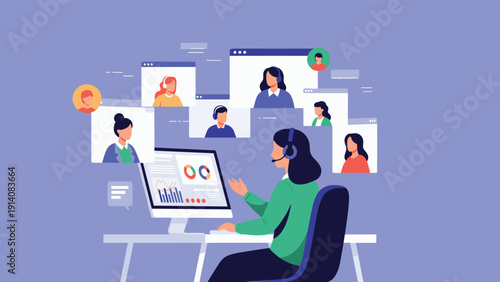 Professional woman working at a computer with a diverse grid of video call participants on the background screen.