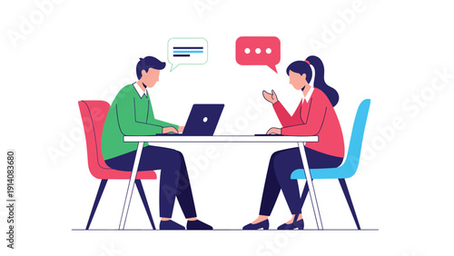 Professional male and female colleagues having a constructive discussion at a meeting table with a laptop and speech bubbles.