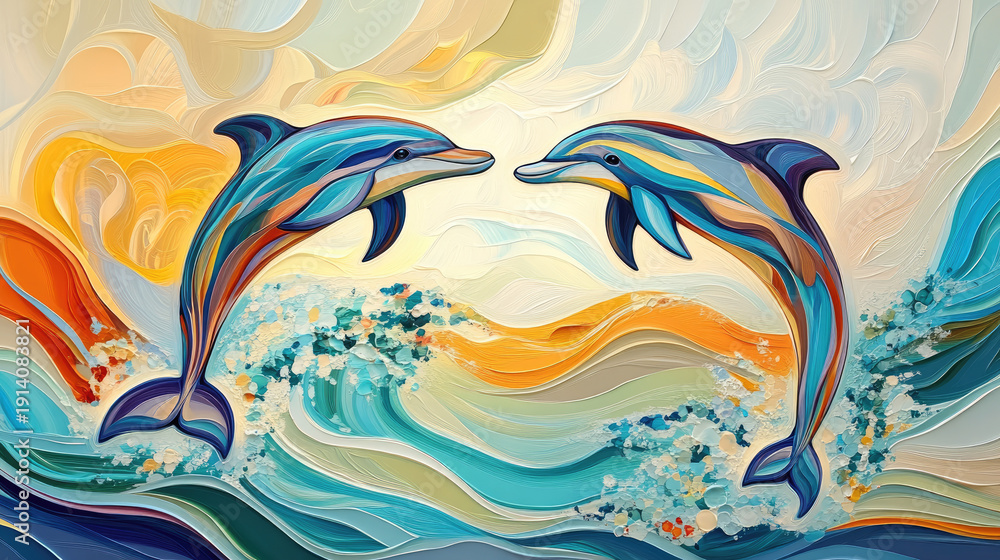 custom made wallpaper toronto digitalTwo vibrant dolphins frolicking in the ocean, their playful interaction captured with vivid colors and artistic flair AI Generative