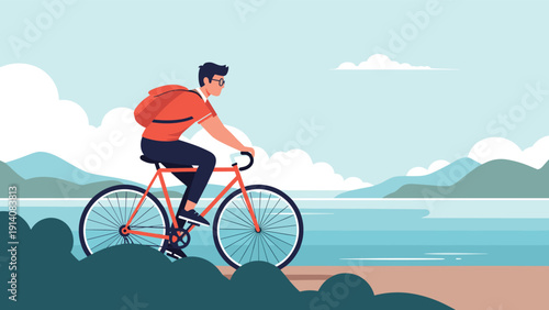 Young man enjoys a scenic outdoor activity while riding his red bicycle along the coast with a beautiful ocean and mountain backdrop.