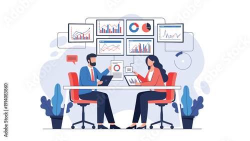 Business partners sit at a desk discussing various financial reports and colorful data charts displayed on multiple screens in a bright office.