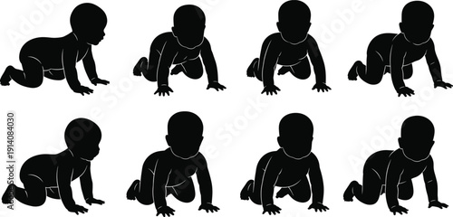 Infant baby crawling silhouettes isolated on white background, child development movement stages illustration collection for parenting concept