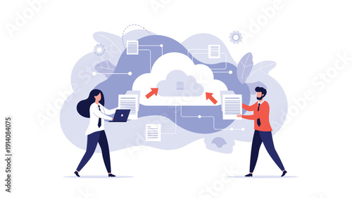 Modern employees work together to upload important digital documents and files to a centralized cloud storage system for efficient teamwork.