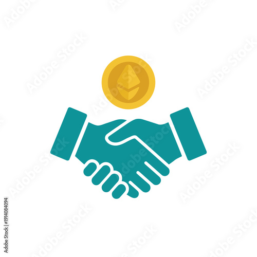 Minimalist affiliate marketing partnership icon — handshake with gold coin flat vector teal
