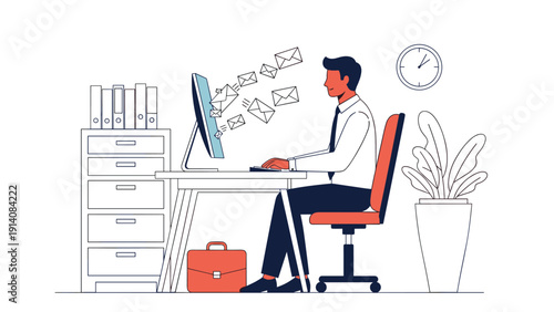 Dedicated employee sits at his office desk managing a high volume of outgoing emails on his computer to maintain effective communication.